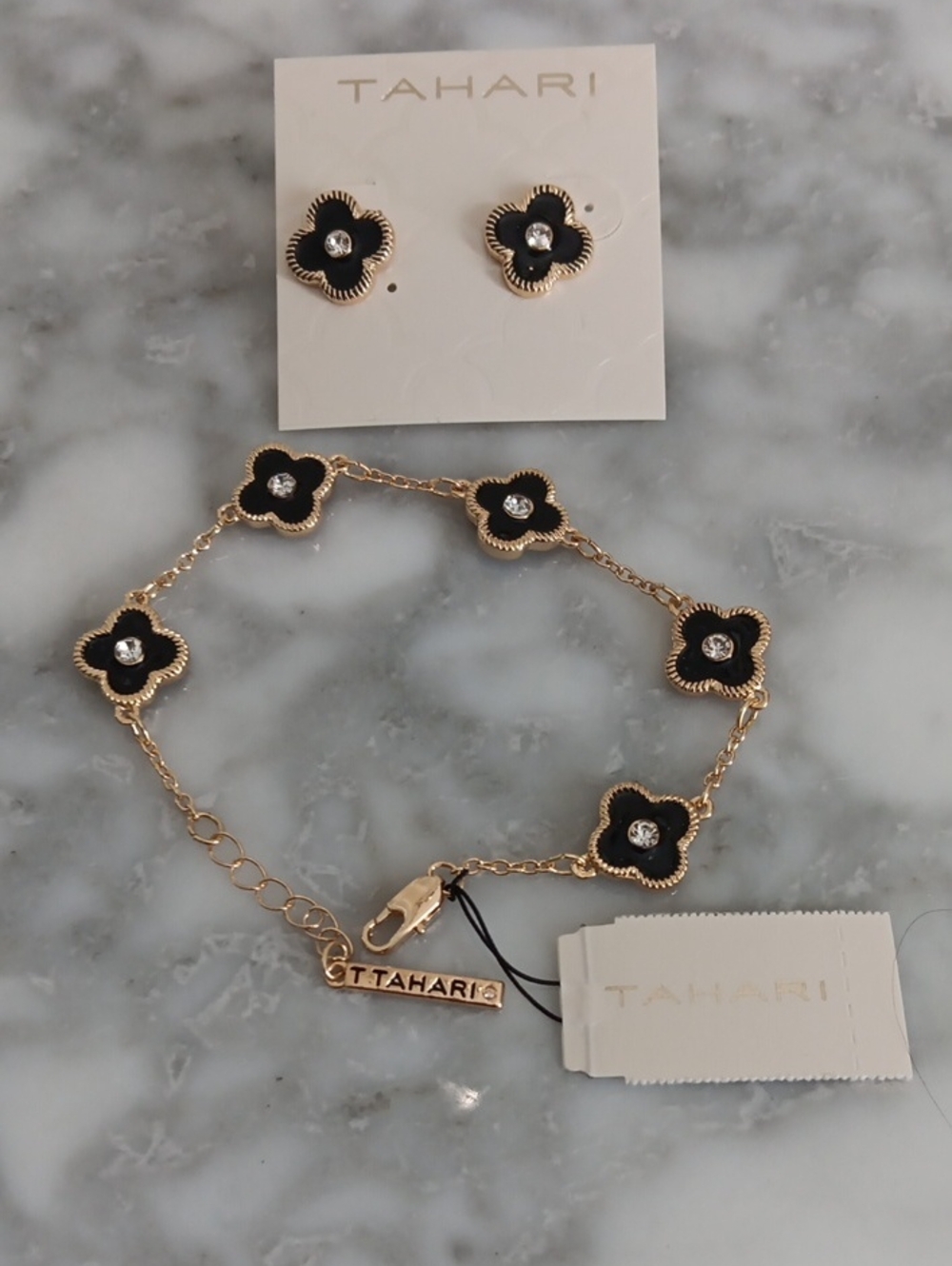 T Tahari Black Enamel Clover Rhinestone goldTone Bracelet &Studs Earring Set NWT